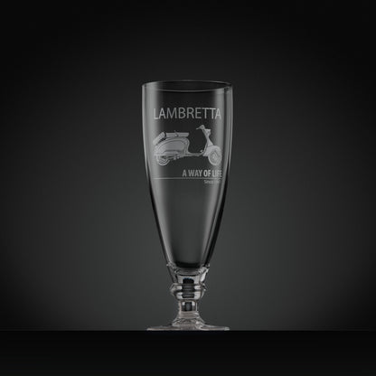 Stemmed beer glass engraved with Lambretta TV175 scooter and text design