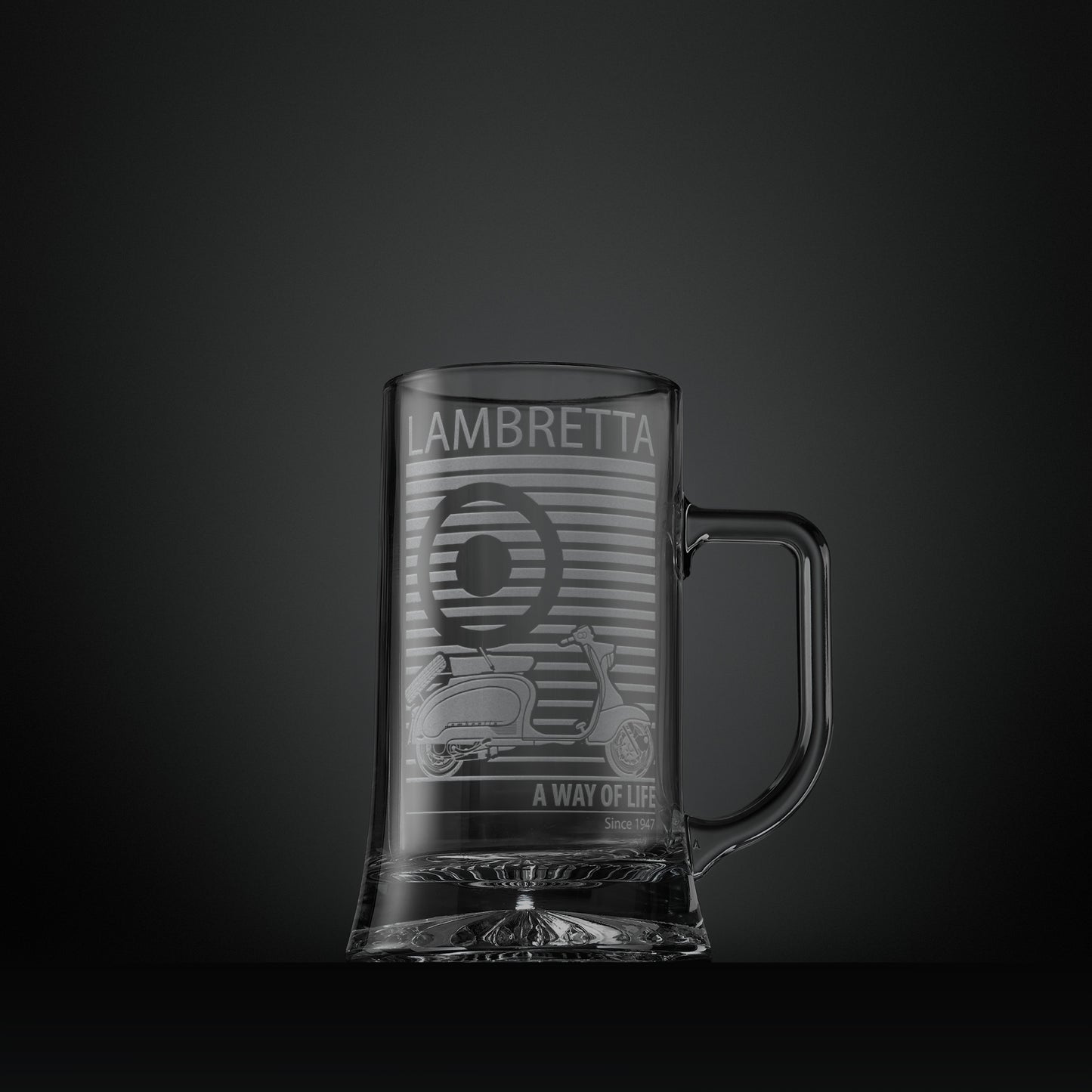 Engraved glass tankard featuring a Lambretta TV175 scooter and MOD target design