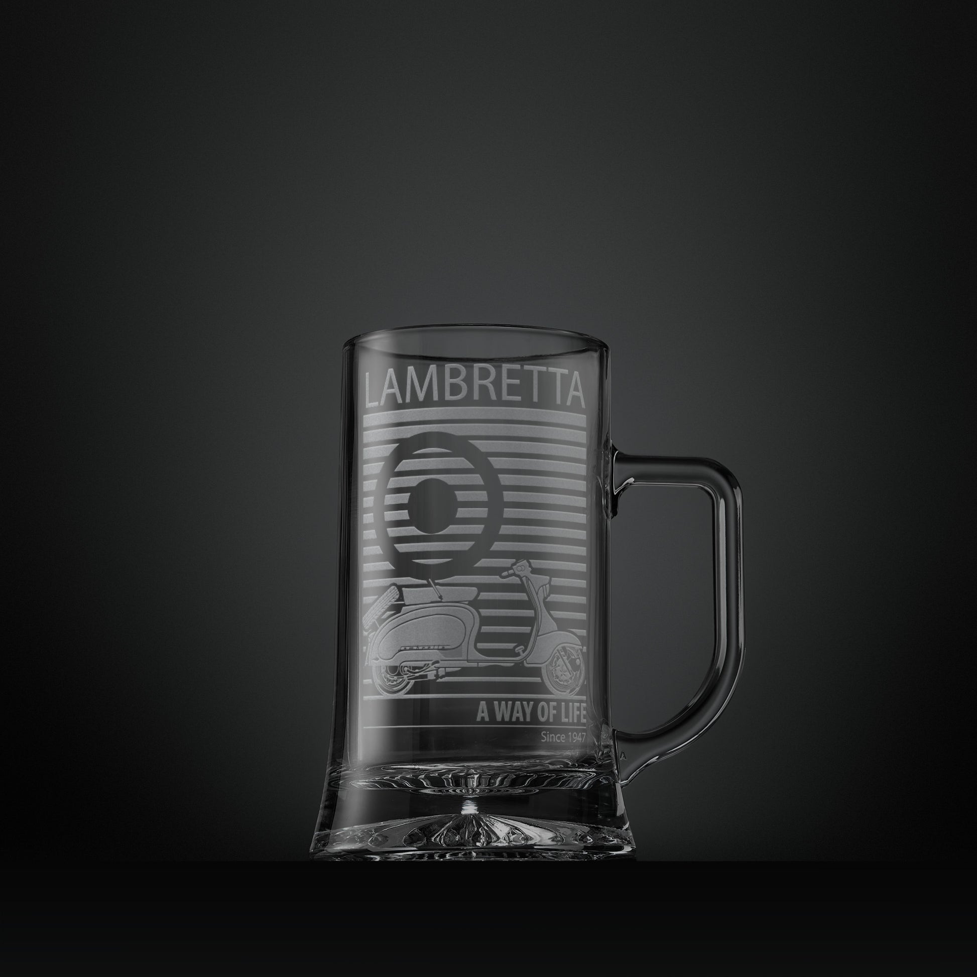Engraved glass tankard featuring a Lambretta TV175 scooter and MOD target design