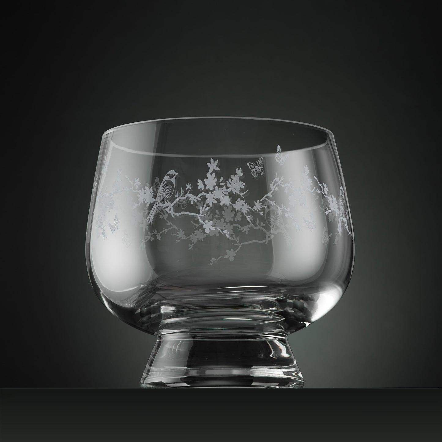 Engraved glass footed celebration bowl with blossom, birds and butterfly illustrations