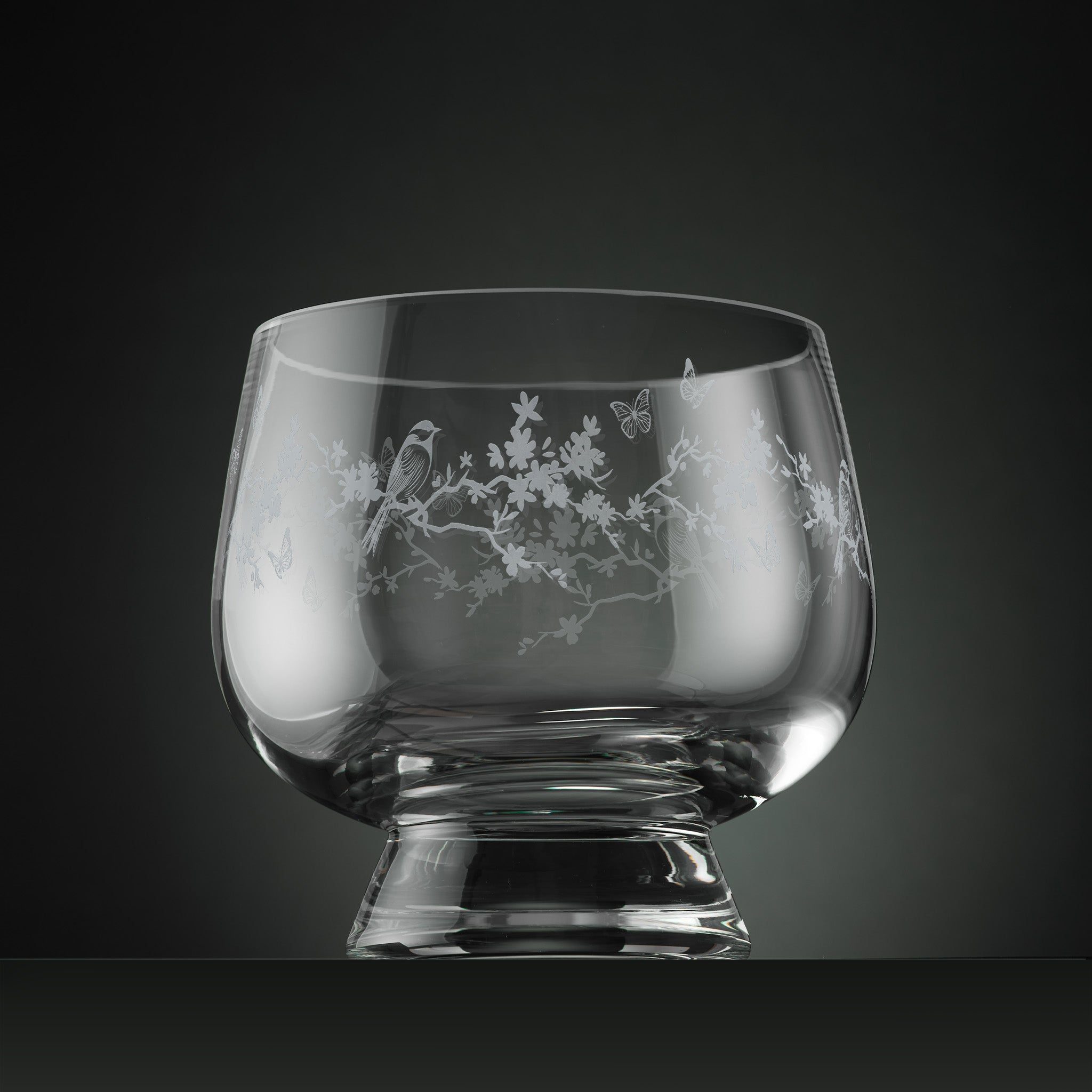 Engraved glass footed celebration bowl with blossom, birds and butterfly illustrations