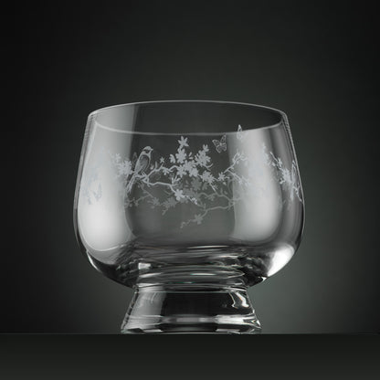 Engraved glass footed celebration bowl with blossom, birds and butterfly illustrations