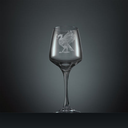 Engraved wine glass featuring a Liver Bird with an engagement ring in its beak