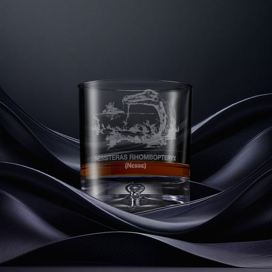 Engraved whisky glass with an  illustration of the Loch Ness Monster watching a boat