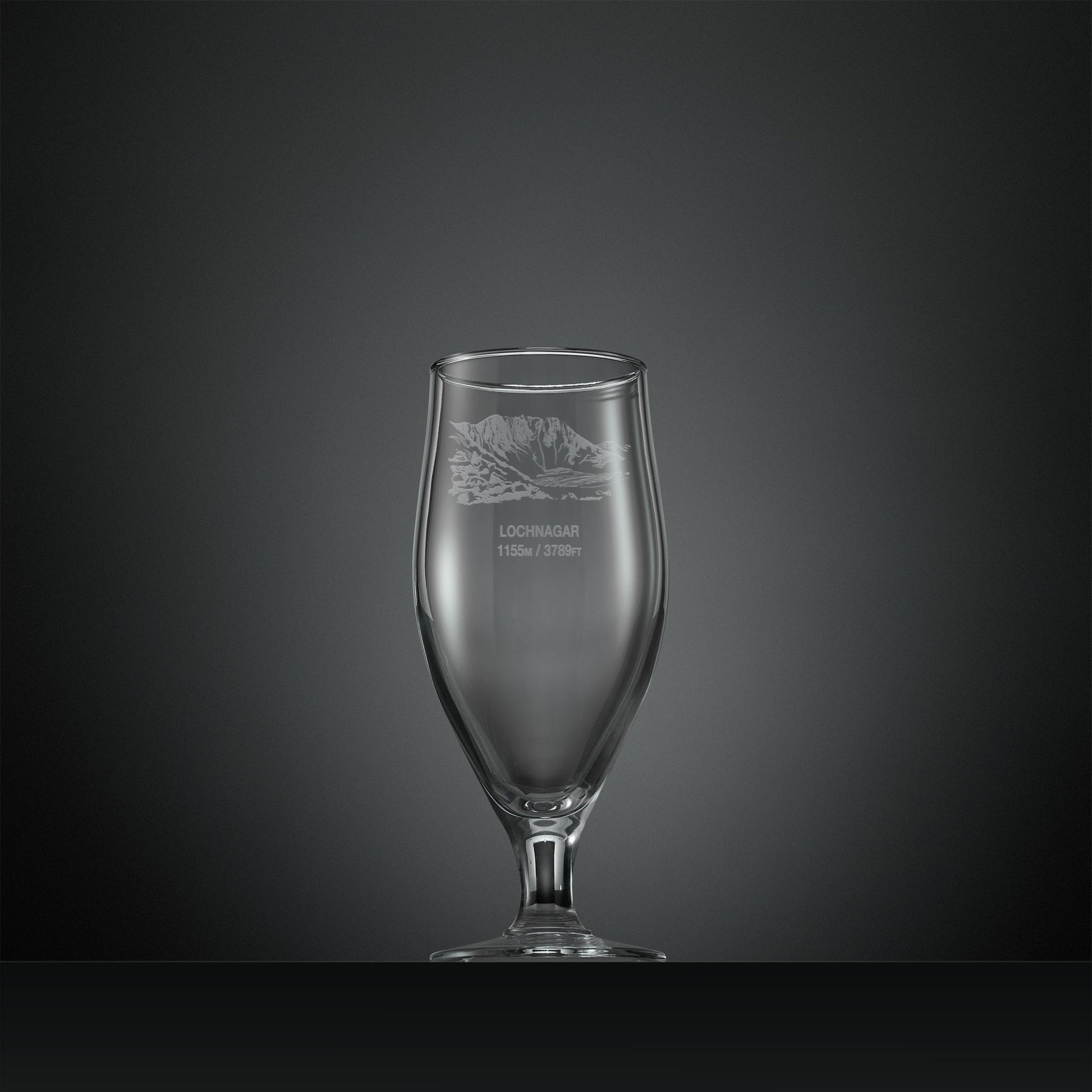 Engraved stemmed beer glass with Lochnagar North Corrie illustration
