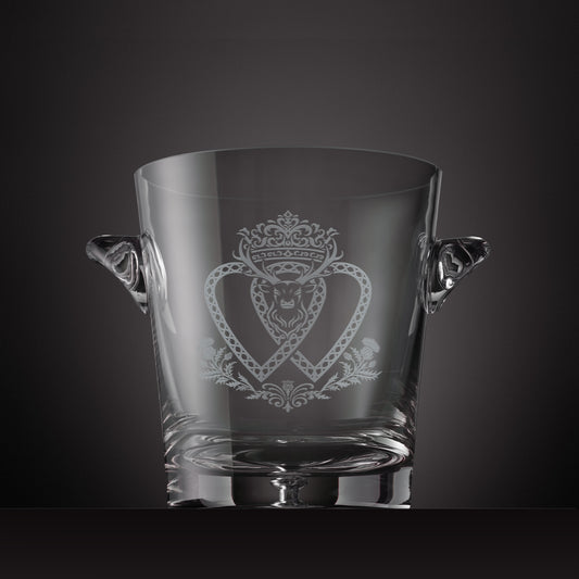 Engraved champagne cooler with side handles featuring a Scottish Luckenbooth design
