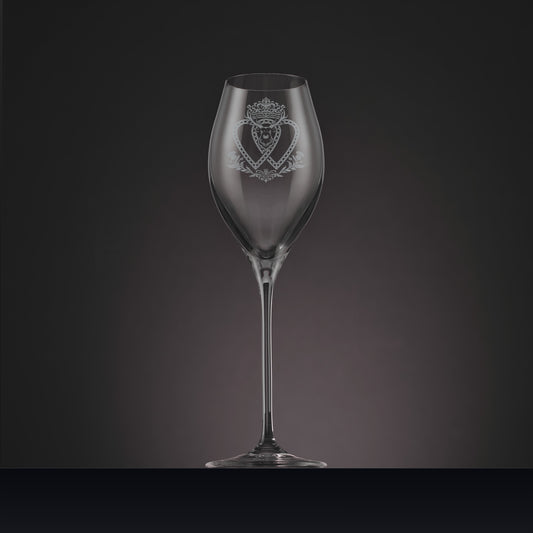 Engraved prosecco glass with Luckenbooth, heart and stag design