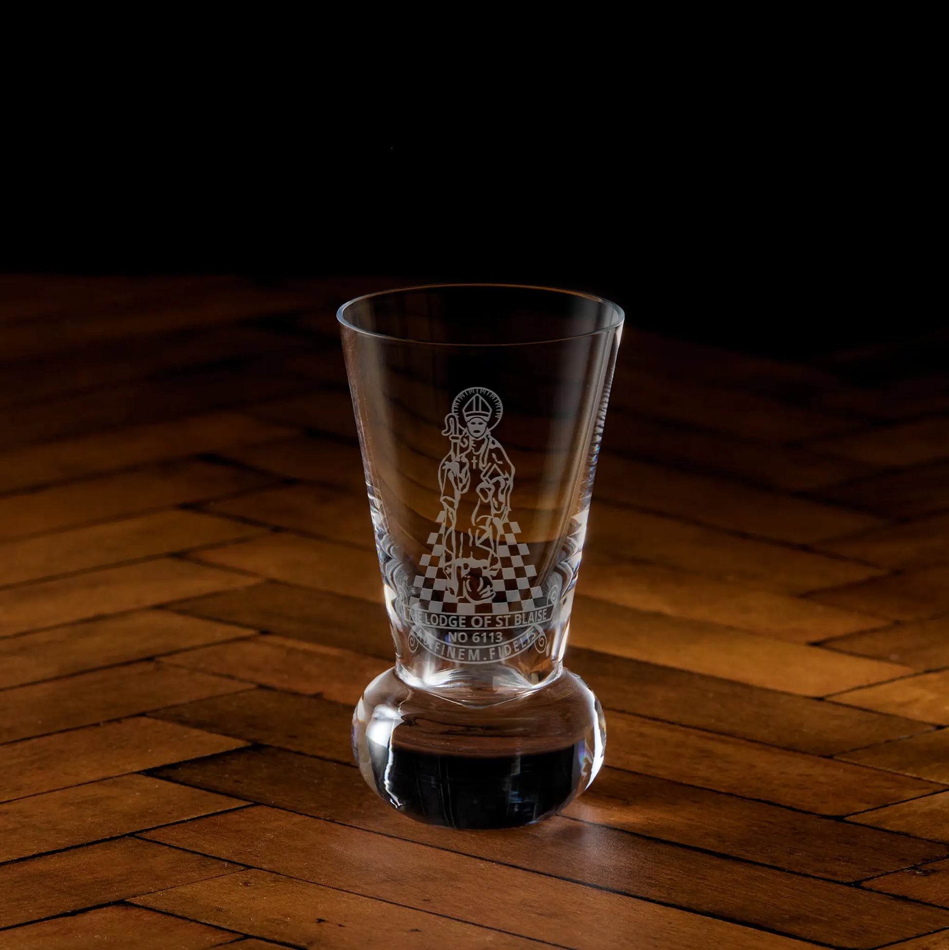 Engraved firing glass with personalised Masonic Lodge crest and inscription