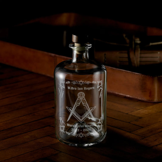 Engraved apothecary bottle, freemasonry symbols and square and compass