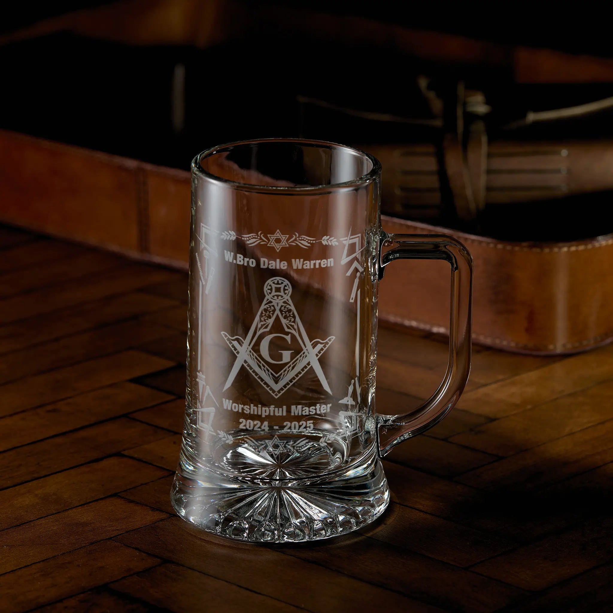 Engraved tankard with masonic symbols, personalised inscription and square and compass design