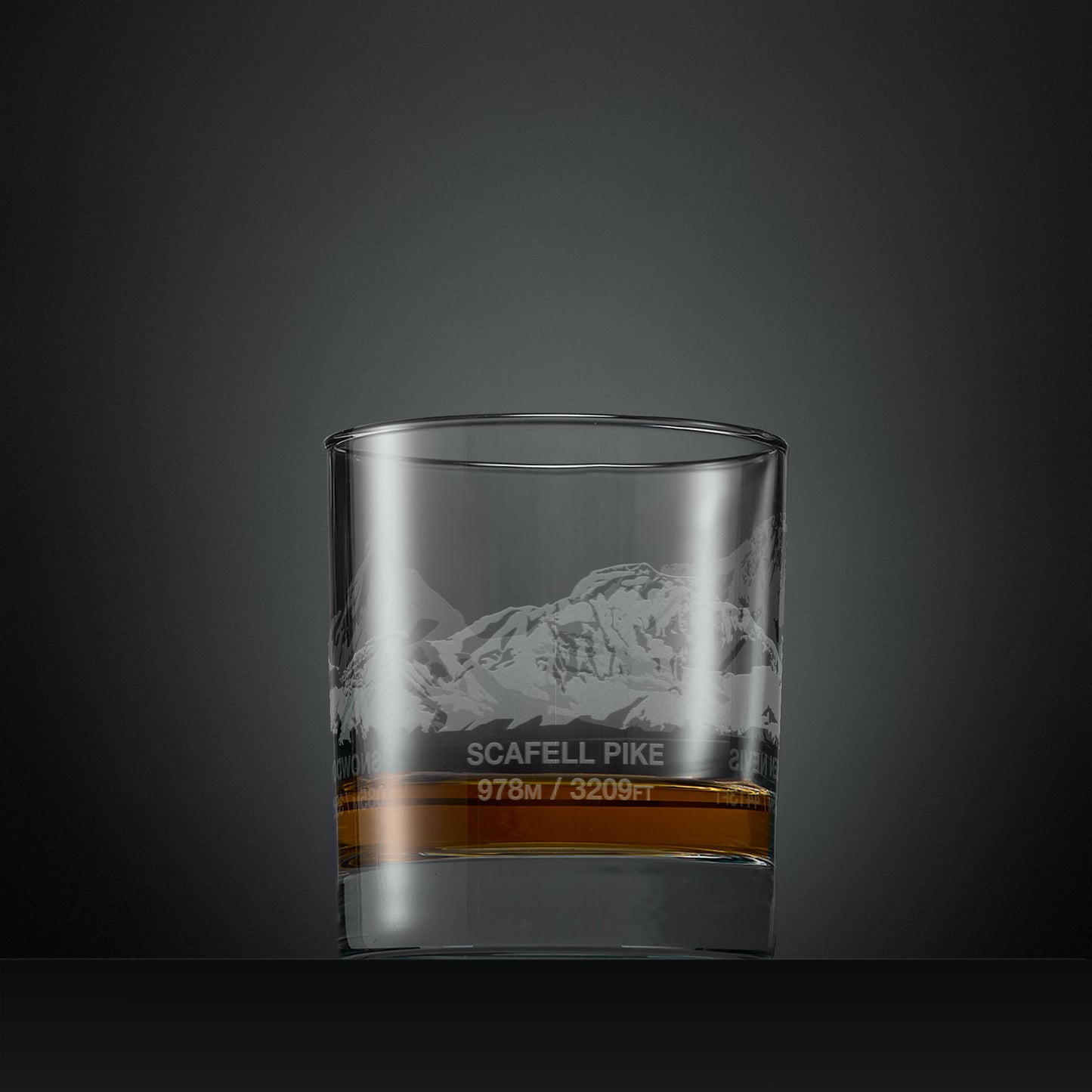 Engraved whisky glass with Ben Nevis, Scafell Pike and Snowdon 360 degree illustration