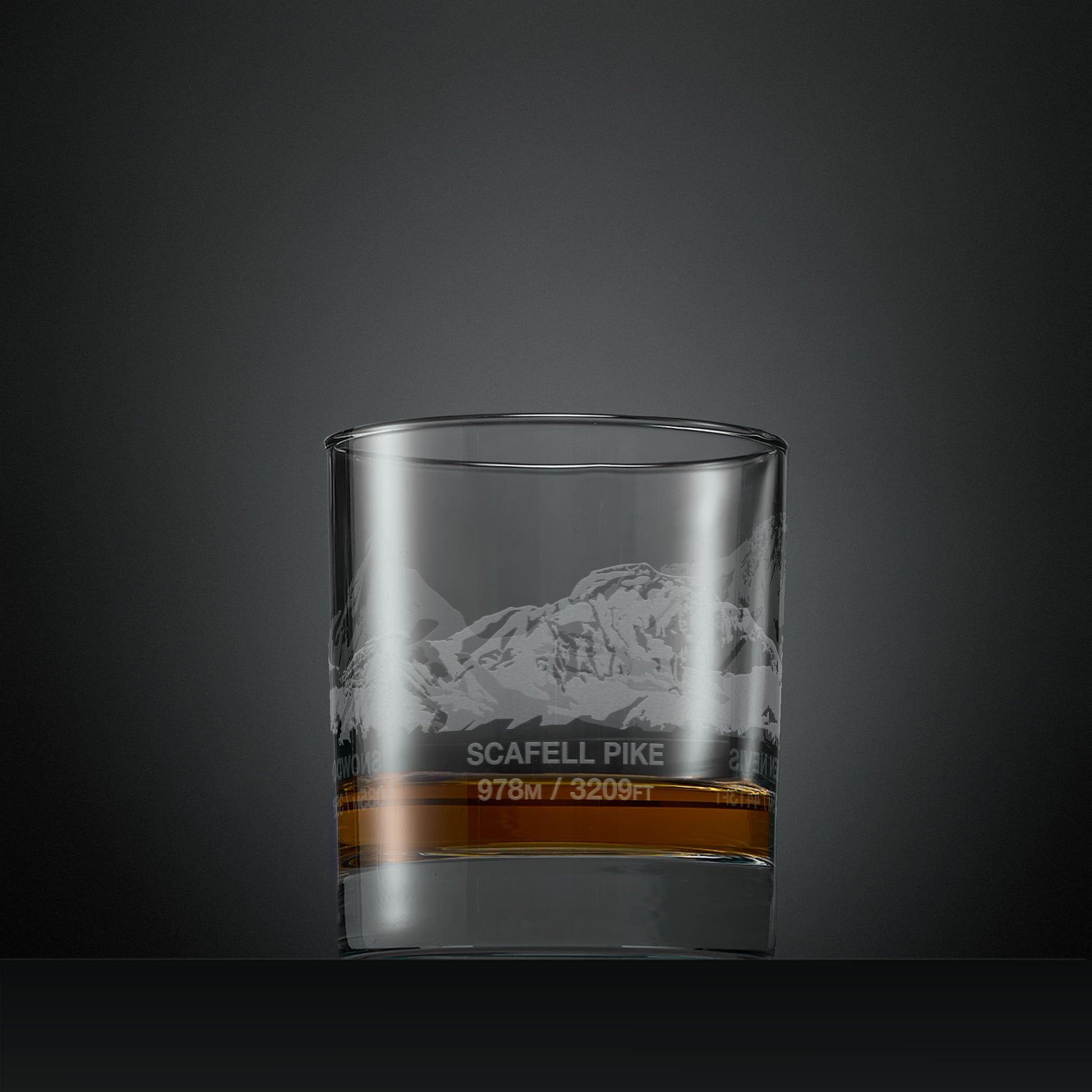Engraved whisky glass with Ben Nevis, Scafell Pike and Snowdon 360 degree illustration