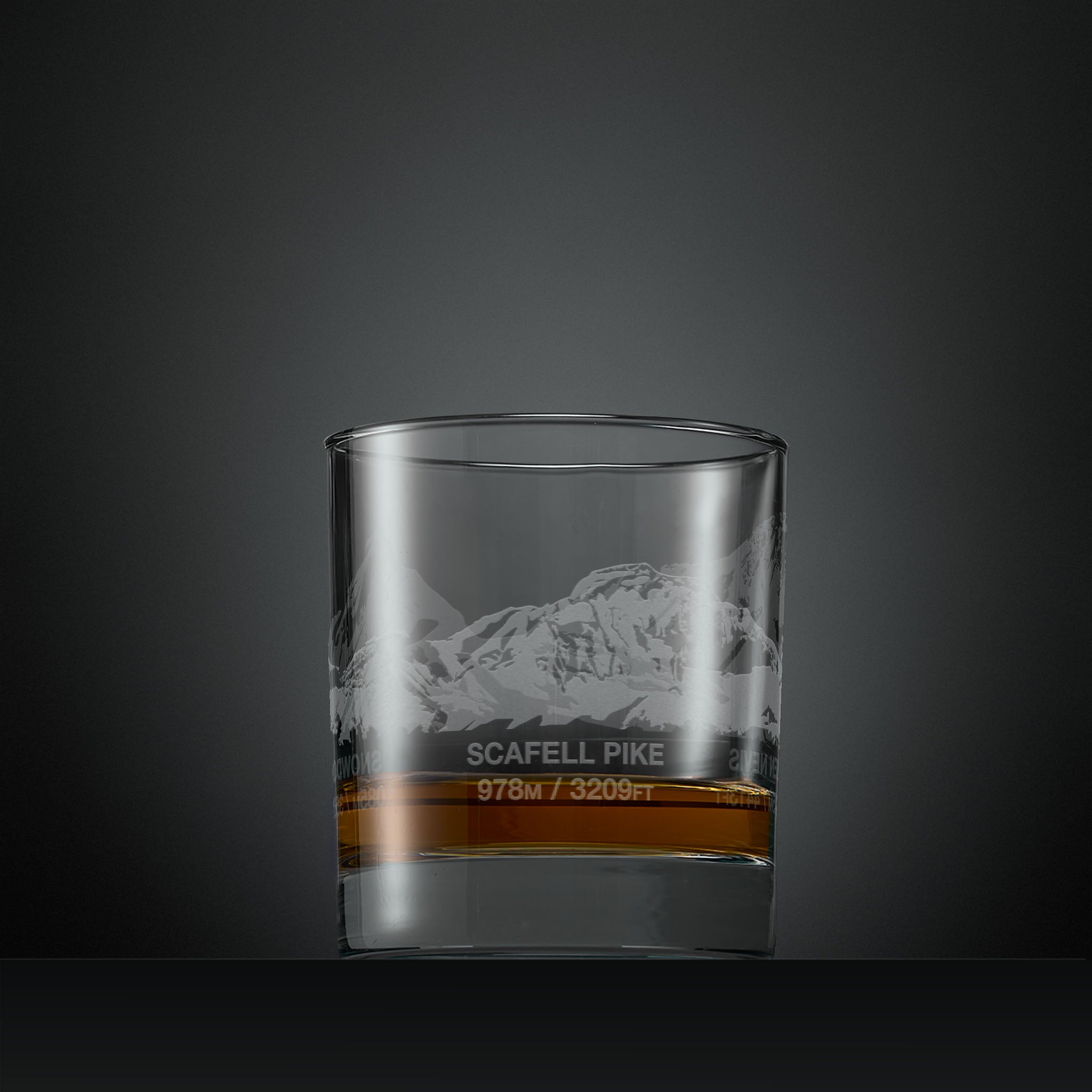 Engraved whisky glass with Ben Nevis, Scafell Pike and Snowdon 360 degree illustration