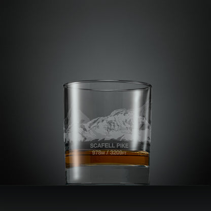 Engraved whisky glass with Ben Nevis, Scafell Pike and Snowdon 360 degree illustration