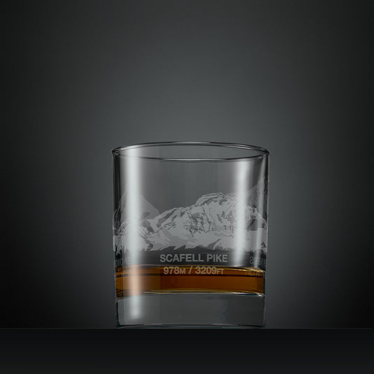 Engraved whisky glass with Ben Nevis, Scafell Pike and Snowdon 360 degree illustration
