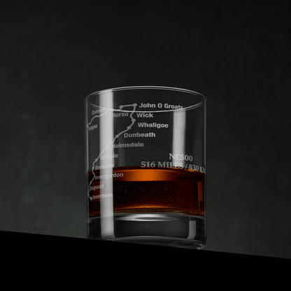 NC500 engraved whisky glass showing John O'Groats and the 516 mile North Coast 500 route