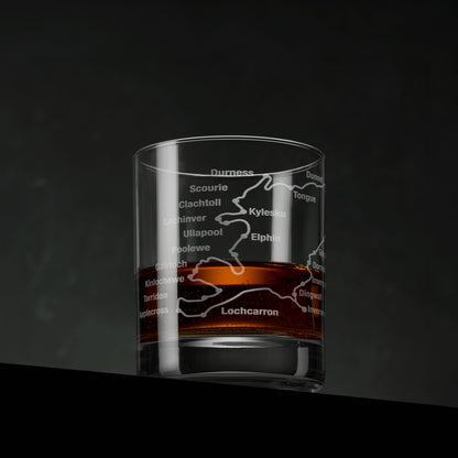 NC500 engraved whisky glass showing the route through Inverness, Dornoch, Wick and the north coast of Scotland