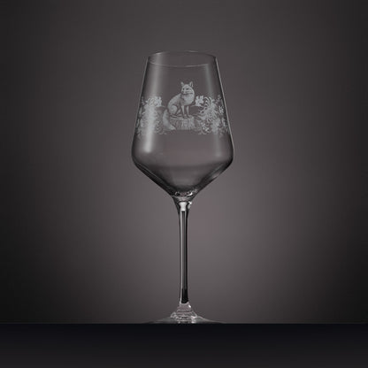 Engraved wine glass featuring Chrysanthemums, Peonies and a Fox 