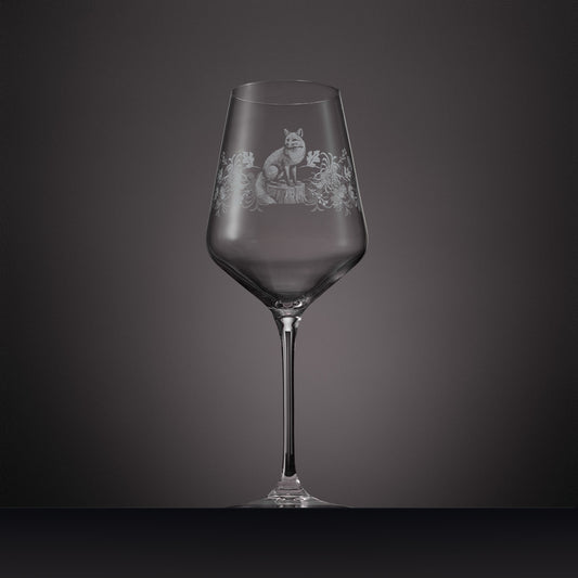 Engraved wine glass featuring Chrysanthemums, Peonies and a Fox 