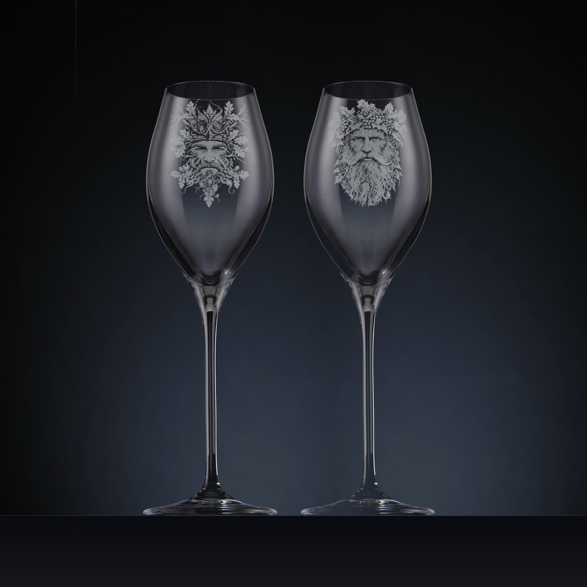 Engraved Oak King & Holly King Prosecco Glasses