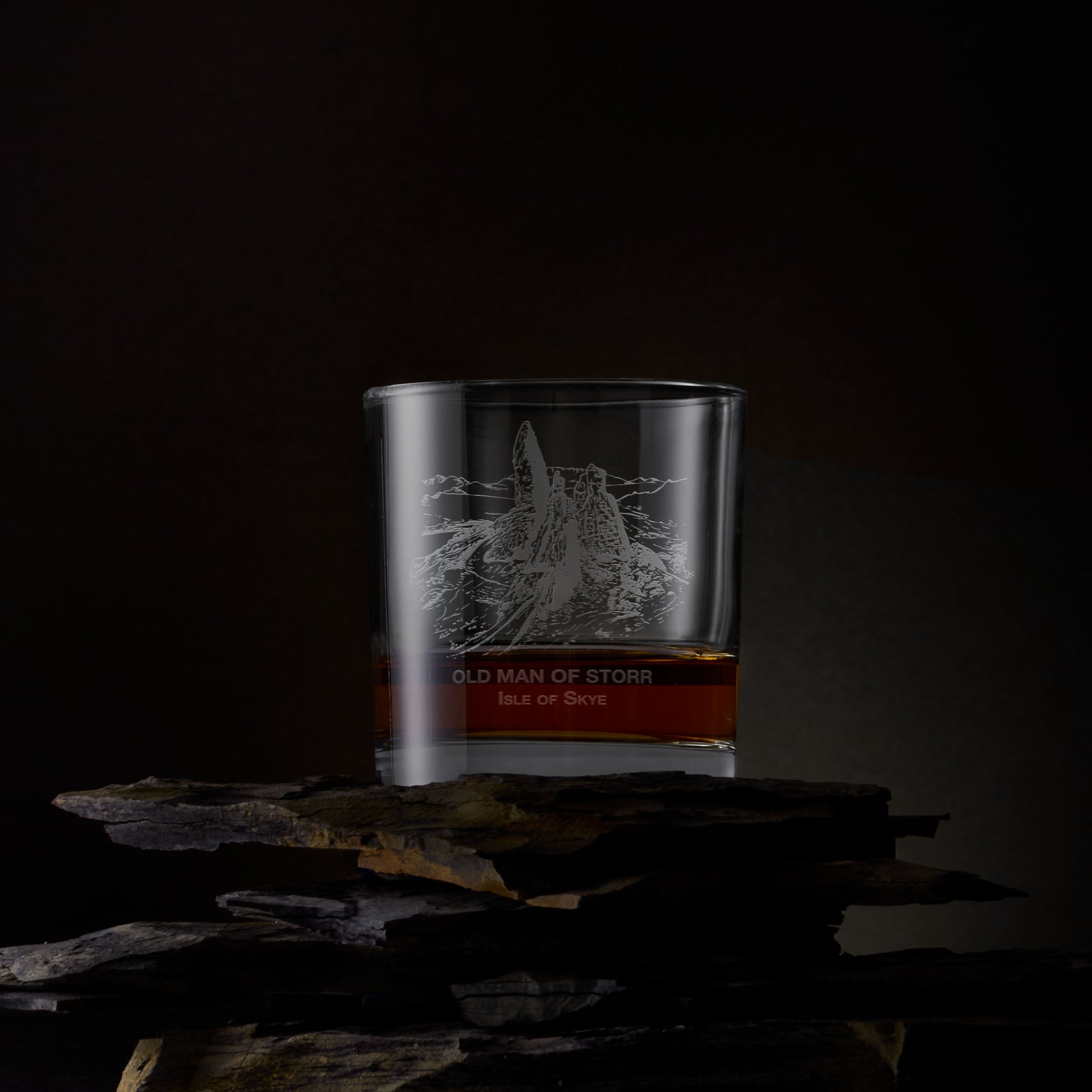 Engraved whisky glass with Old Man of Storr illustration
