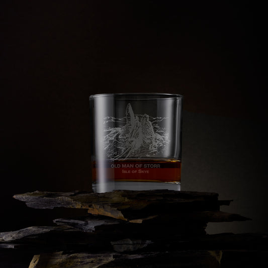 Engraved whisky glass with Old Man of Storr illustration