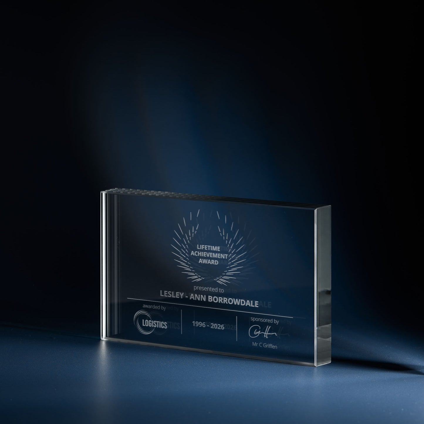 Engraved optical crystal rectangle award with corporate logo and personalised inscription