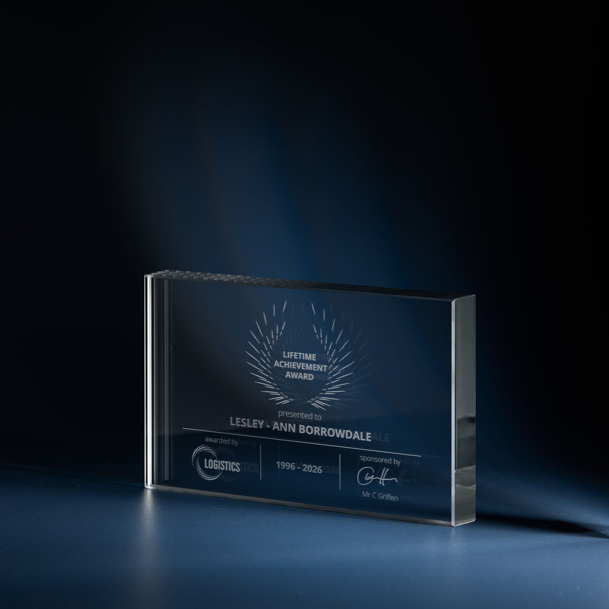 Engraved optical crystal rectangle award with corporate logo and personalised inscription