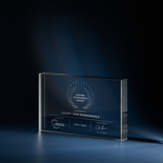 Engraved optical crystal rectangle award with corporate logo and personalised inscription