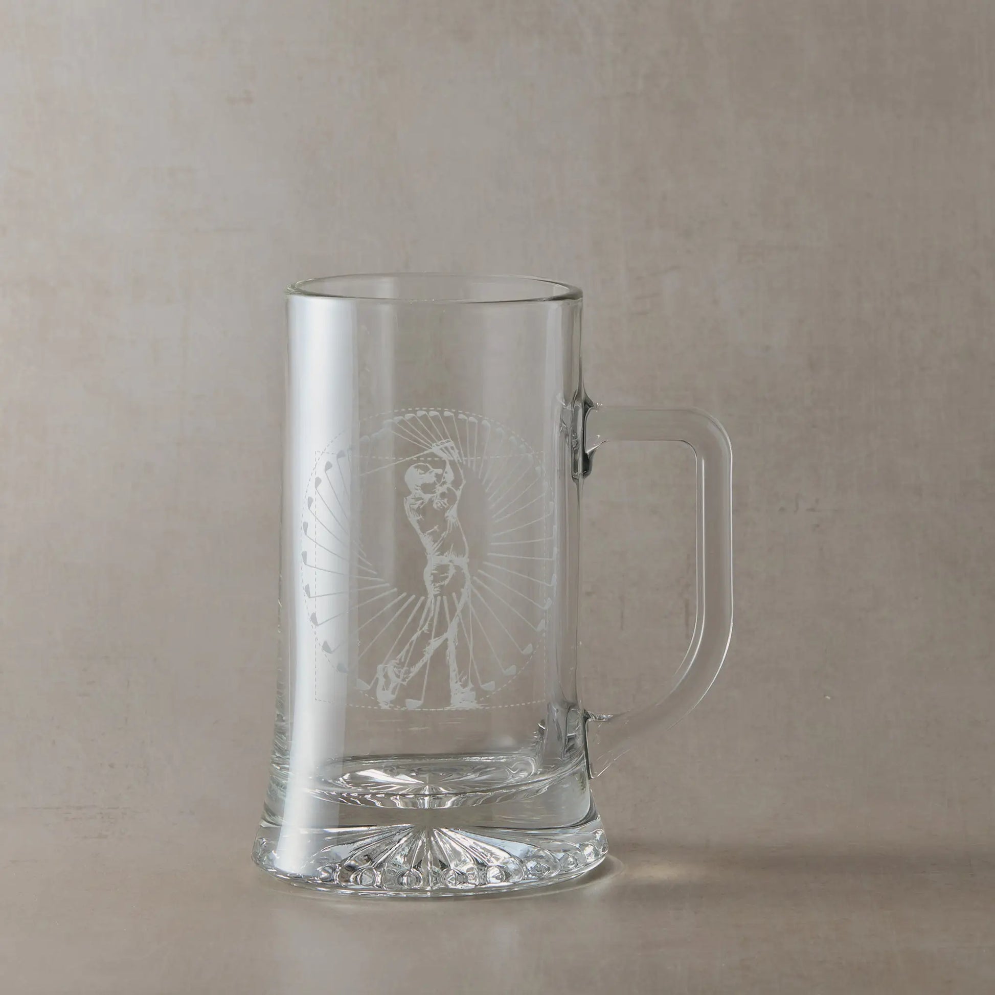 Engraved Perfect Swing golf tankard showing golfer silhouette with repeating swing arc and personalised hole in one details.