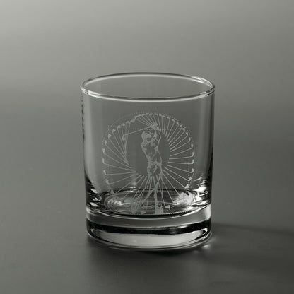 Engraved whisky glass featuring a male golfer performing a perfect swing