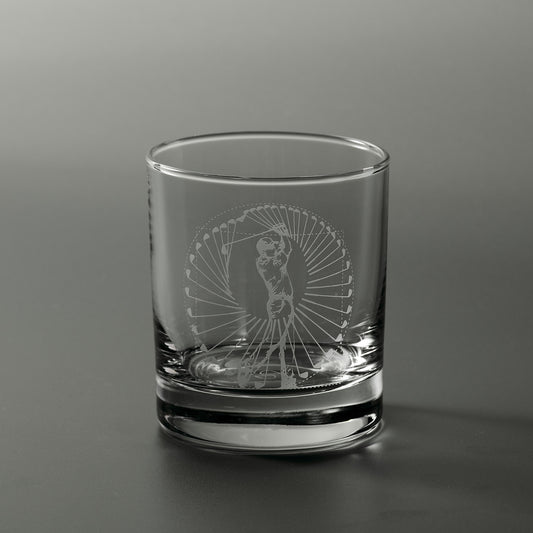 Engraved whisky glass featuring a male golfer performing a perfect swing