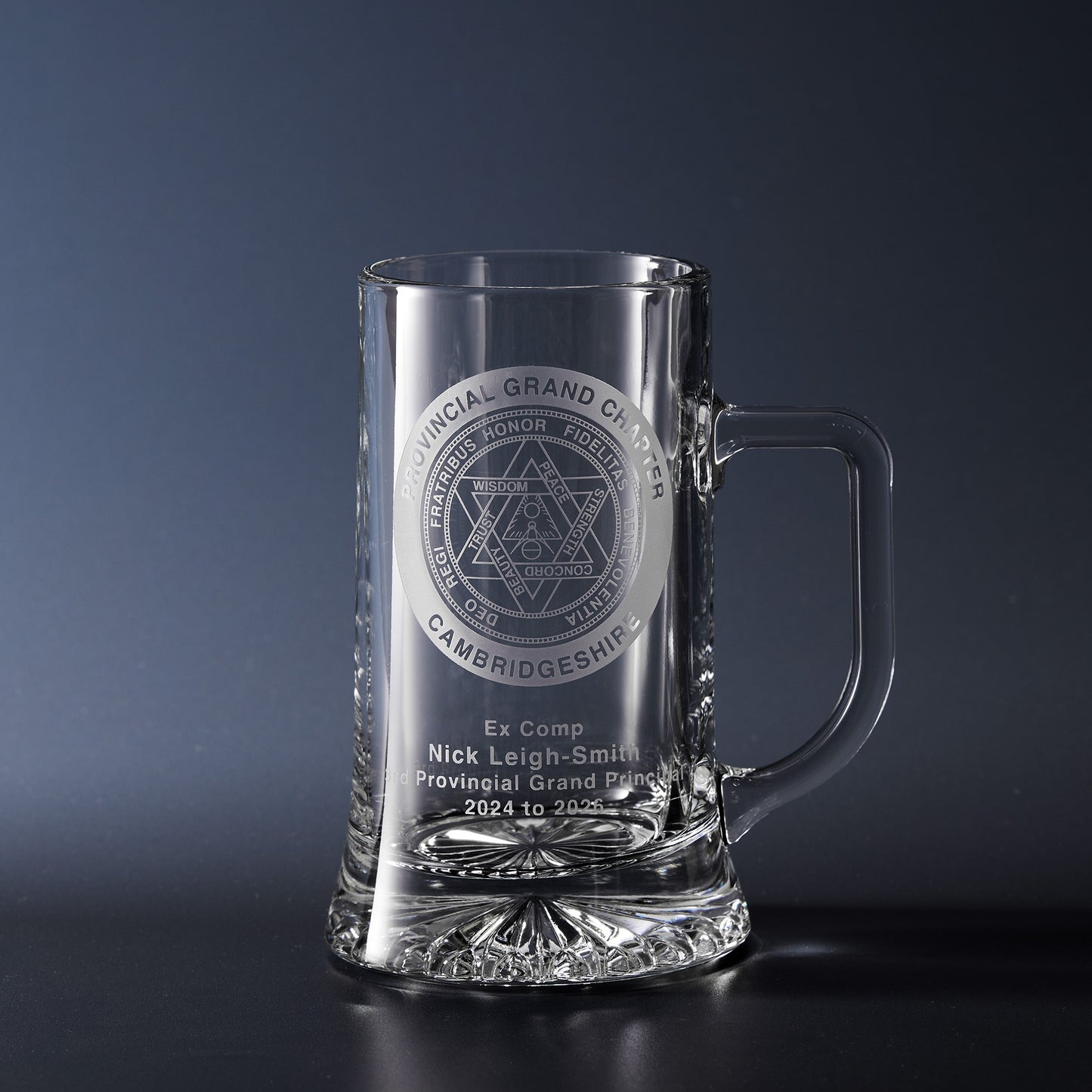Hand engraved Provincial Grand Chapter presentation tankard featuring a Provincial Grand Chapter crest with personalised office, name and years of service.