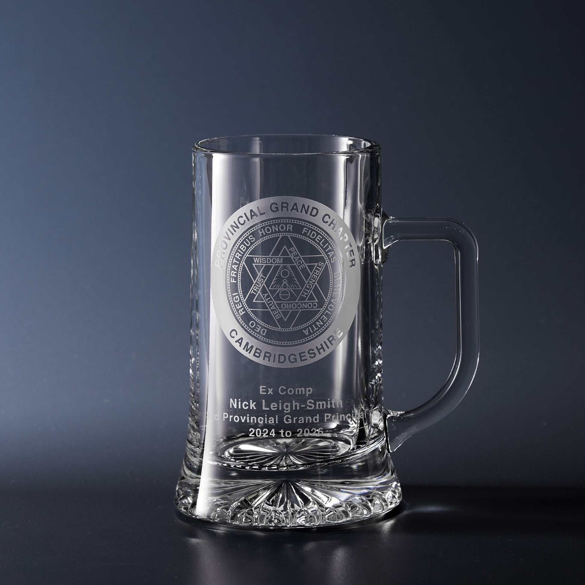 Hand engraved Provincial Grand Chapter presentation tankard featuring a Provincial Grand Chapter crest with personalised office, name and years of service.