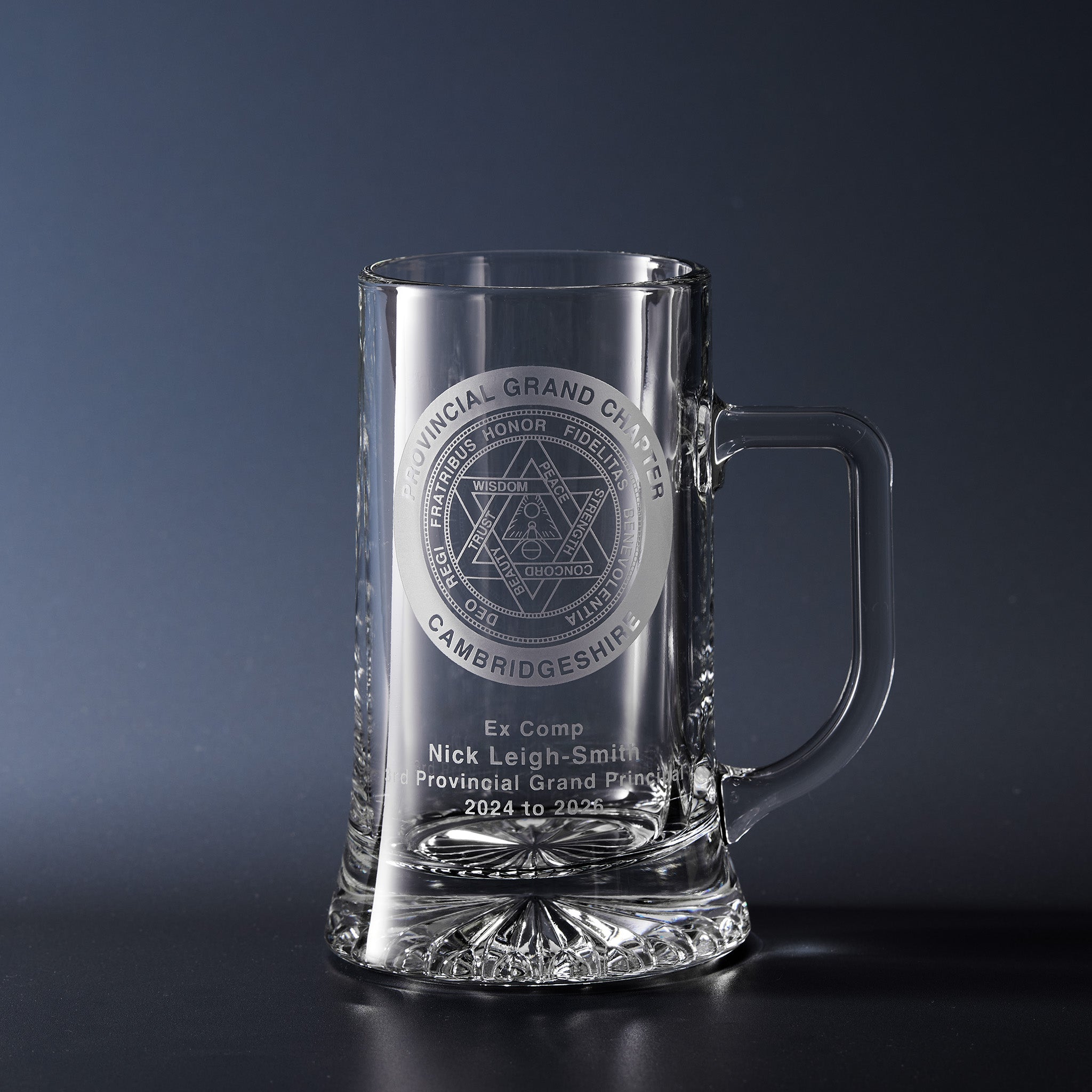 Hand engraved Provincial Grand Chapter presentation tankard featuring a Provincial Grand Chapter crest with personalised office, name and years of service.