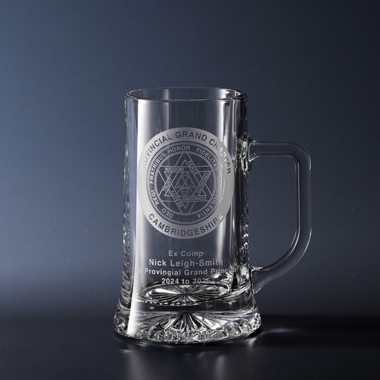 Hand engraved Provincial Grand Chapter presentation tankard featuring a Provincial Grand Chapter crest with personalised office, name and years of service.
