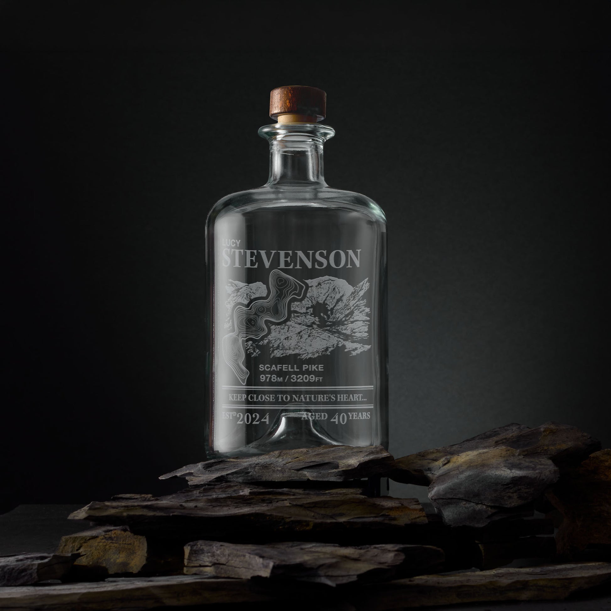 Engraved apothecary-style decanter with Scafell Pike illustration and topographic map
