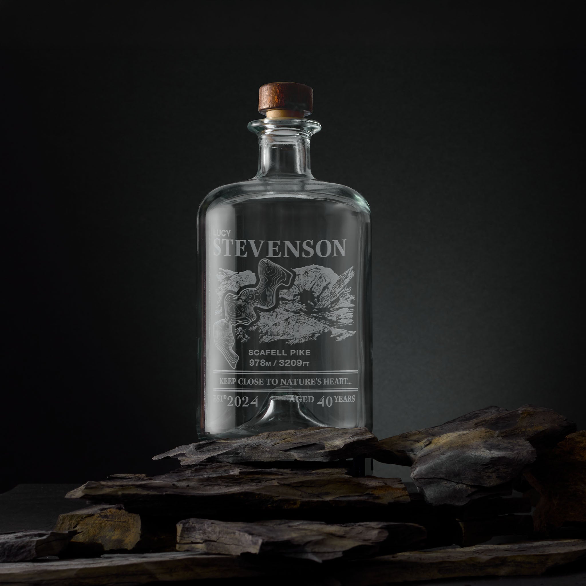 Engraved apothecary-style decanter with Scafell Pike illustration and topographic map