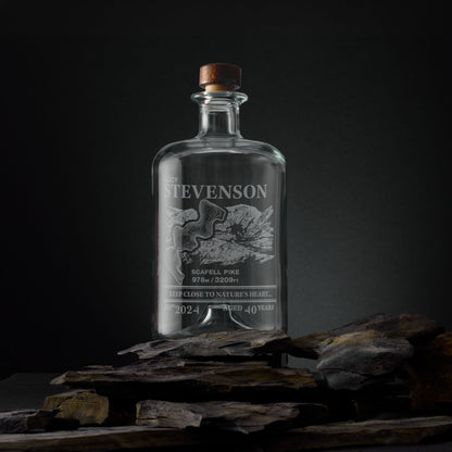 Engraved apothecary-style decanter with Scafell Pike illustration and topographic map