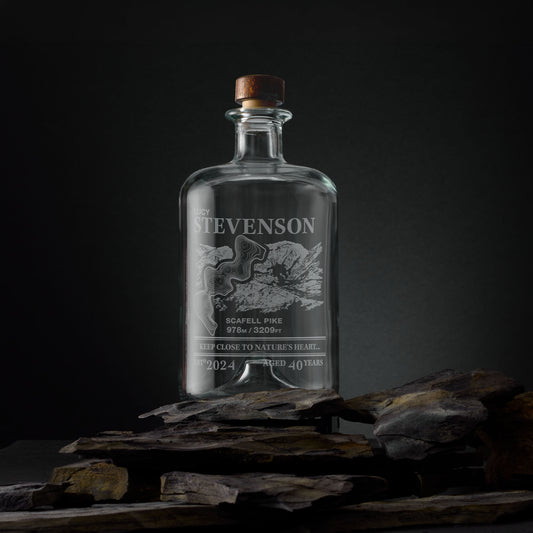 Engraved apothecary-style decanter with Scafell Pike illustration and topographic map