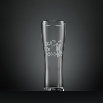 Engraved pint glass featuring a a dancing Ska man and the words SKA'd for life
