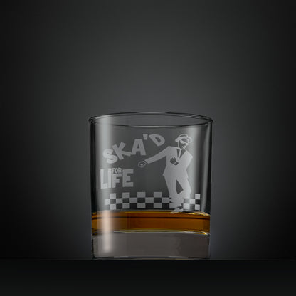 Engraved whisky glass featuring a ska man with the words SKA'd for life