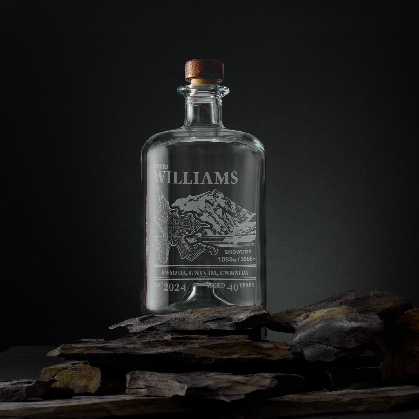 Engraved apothecary-style decanter with Snowdon illustration and topographic map