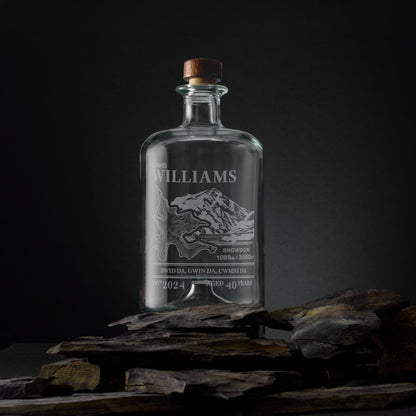 Engraved apothecary-style decanter with Snowdon illustration and topographic map