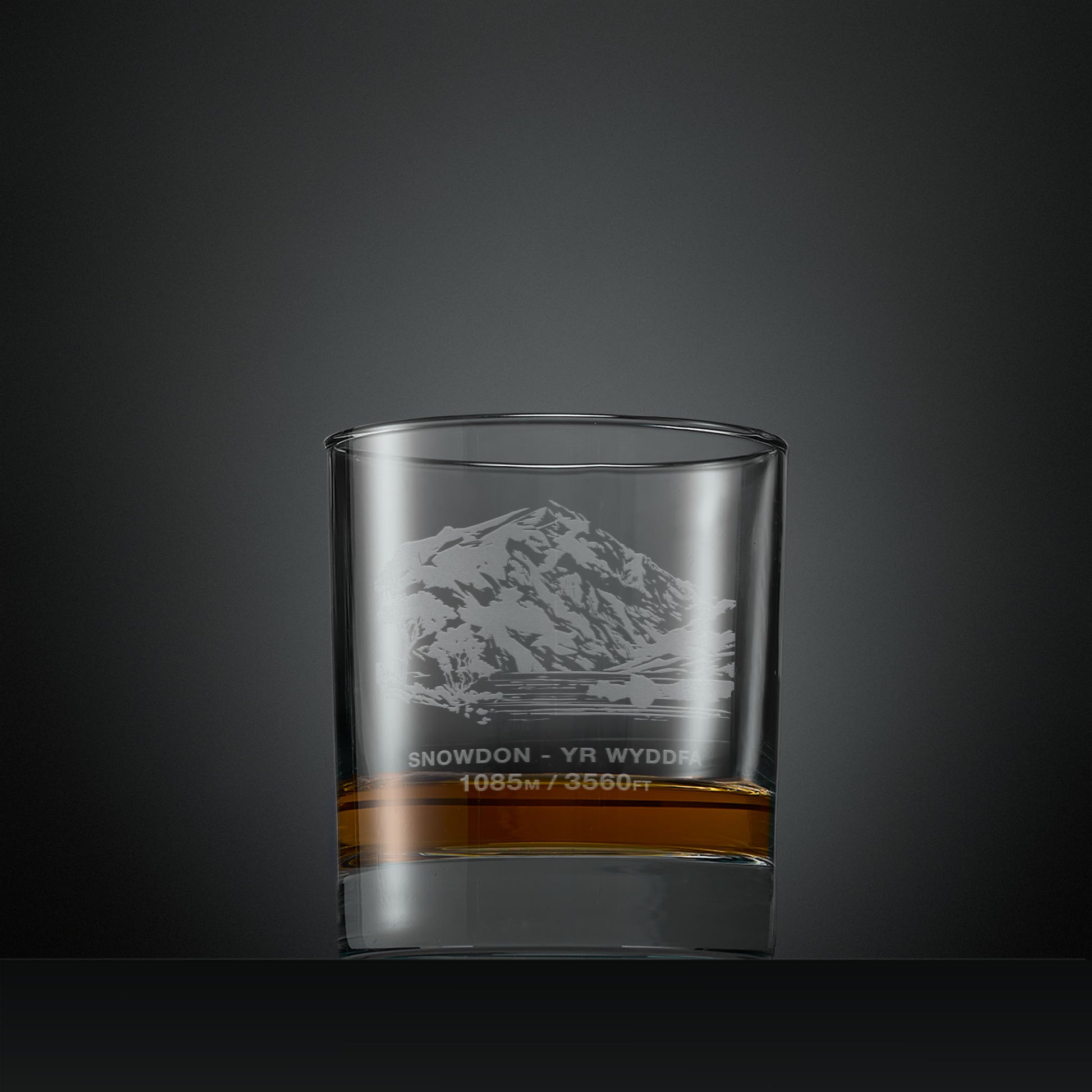 Engraved whisky glass with Snowdon (Yr Wyddfa) illustration