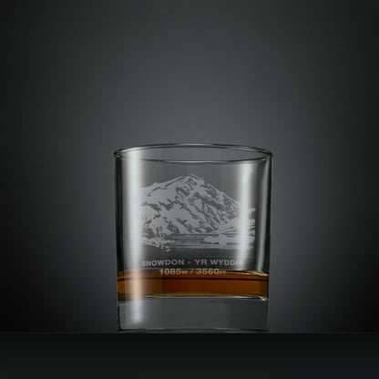 Engraved whisky glass with Snowdon (Yr Wyddfa) illustration