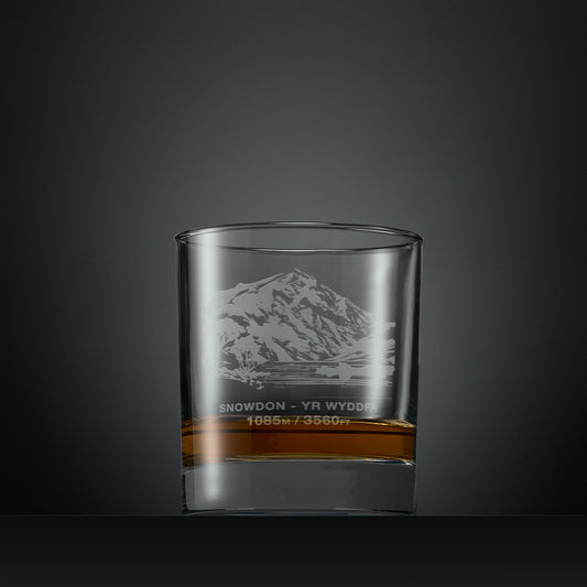 Engraved whisky glass with Snowdon (Yr Wyddfa) illustration