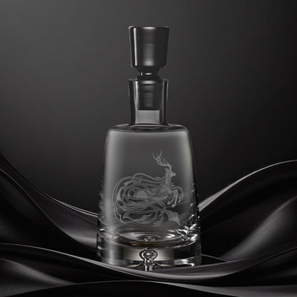 Engraved decanter with an  illustration of a stag with flowing Celtic knotwork