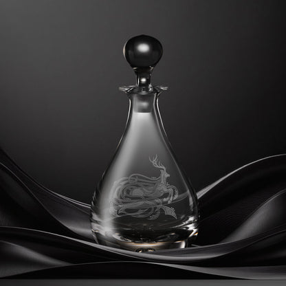 Engraved wine decanter with an  illustration of a stag with flowing Celtic knotwork