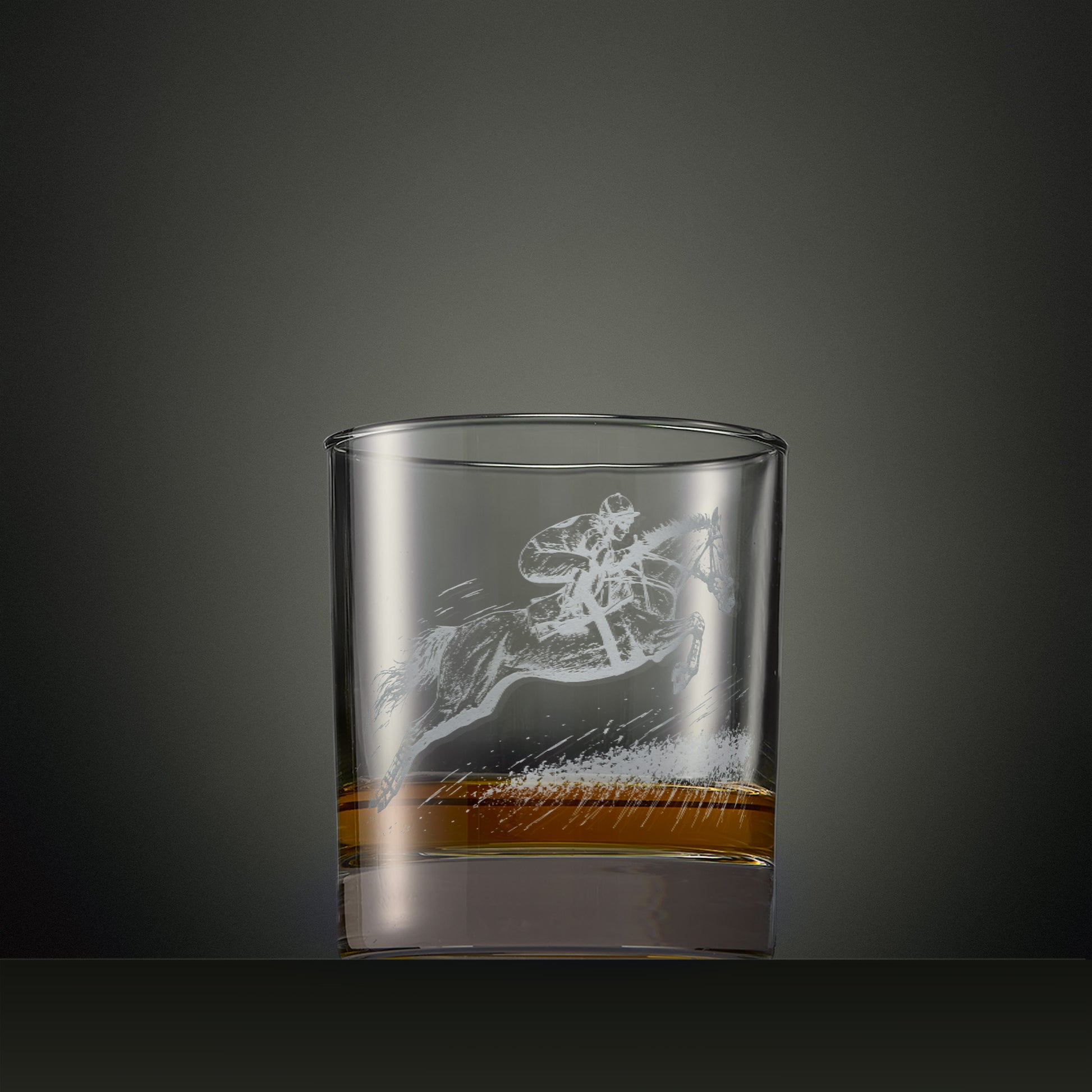 Engraved Steeplechase Whisky Glass with horse and jockey clearing a fence